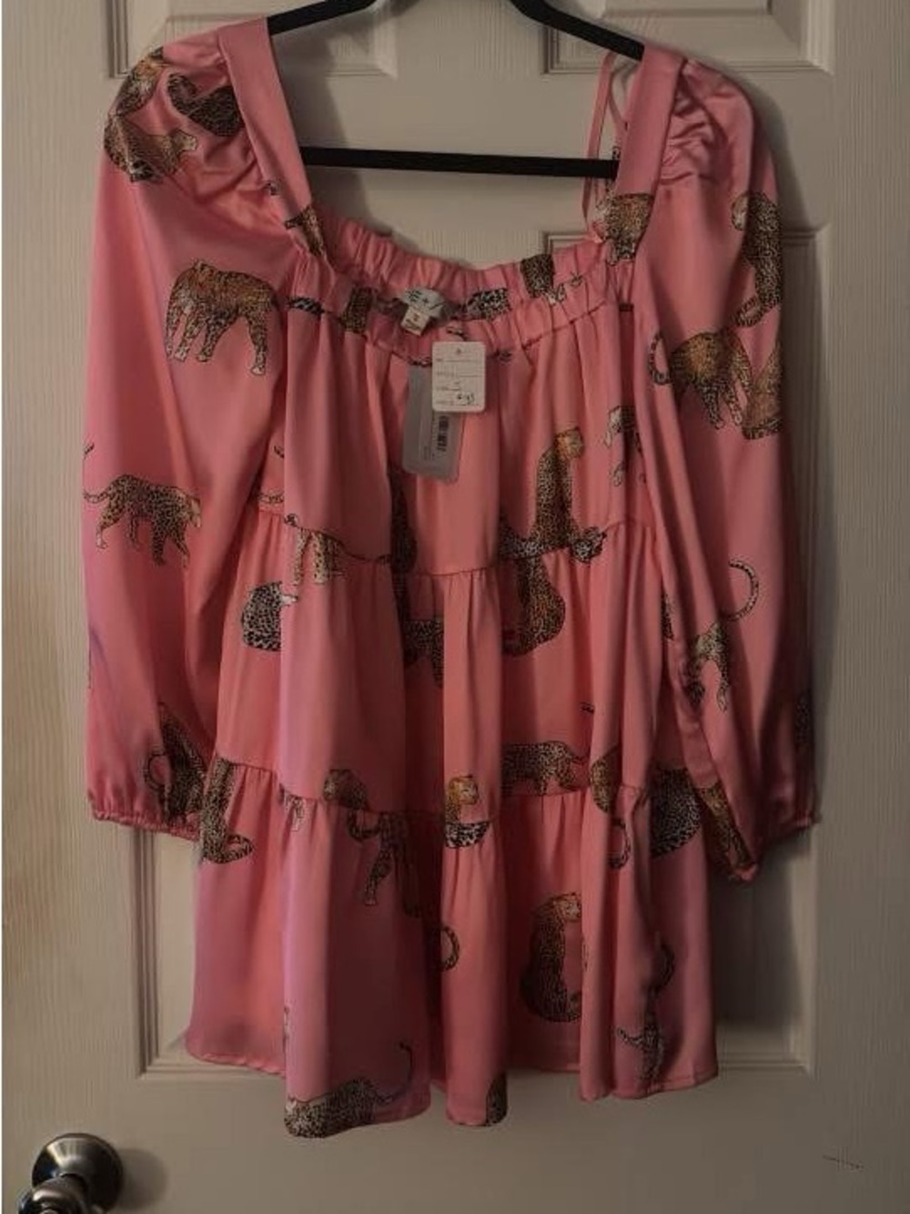 Pink Leopard Print Tiered Peasant Blouse